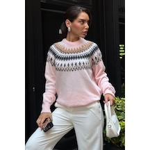 Madmext Pembe Bisiklet Yaka Desenli Kadın Triko Kazak Mg2502 Pembe