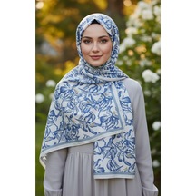 Vivid Floral Desen Pure Touch Koton Şal 75x185cm Ekru-mavi
