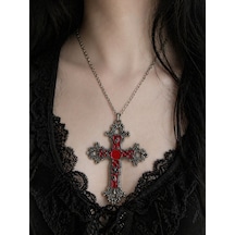 Kırmızı Detaylı Gotik Haç Kolye Unisex Metal Zincirli Çok renkli