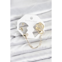 Kalp Yıldız Model Pirinç Gold Renk Zincir Bağlantılı Ear Cuff Küpe Seti Çok Renkli