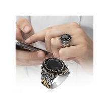 Oval Faset Kesim Siyah Taşlı 925 Gümüş Erkek Yüzük
