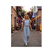Zdnjeans Kadın Buz Mavi Denim İkili Takım Kolsuz Crop Bluz & Bol Paça Pantolon