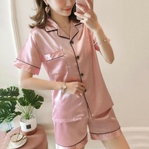 Pembe Bayan Düz Renk Yaka Kısa Kollu Gömlek Şort Pijama Takımı Bayanlar Rahat Rahat Kıyafeti Loungewear Pijama 2 Adet Takım Elbise Pembe