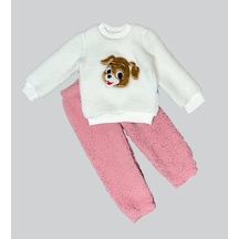 Melonika 1-2-3 Yaş Mutlu Köpekcik Nakışlı Kuzu Kumaş Sweat Patili Pantolon Uzun Kollu Kız Erkek 2 Li Takımı Gül Kurusu Çok Renkli