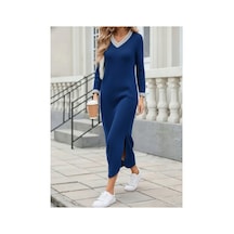 Butik İstanbul Kadın Uzun Kollu V Yakalı Yanlardan Yırtmaçlı Uzun Viskon Iki Iplik Elbise Lacivert