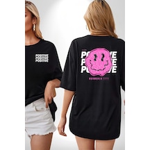 Positive Enerji Emoji Gülen Surat Siyah Oversize Unisex Ön Ve Sırt Baskılı Tişört Siyah