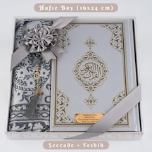 Kuran + Seccade + Tesbih Hediye Seti Hafız Boy, Ekonomik Cilt, Desenli Kutu, Gri