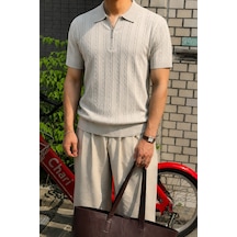 Tarz Cool Erkek Slim Fit Fermuarlı Polo Yaka Saç Örgü Desenli Triko Tişört Yazlık Pamuklu Esnek Örme Bej