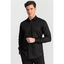 Tudors Slim Fit Dar Kesim Pamuk Saten, Erkek Gömlek-20337 Siyah