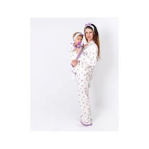 Bebegen Kadın Anne Ekru Mor Lale Desenli Fırfırlı Bandanalı Pijama Takımı Çok Renkli