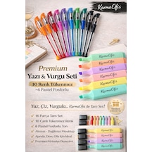 10 Renk Tükenmez Kalem+6 Pastel Fosforlu Kalem Akmaz Dağılmaz Ajanda, Ders & Ofis İçin 16 Lı Set Çok Renkli