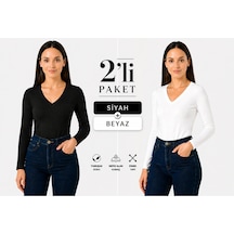 İngegno Body V Yaka Uzun Kol Viskon Örme Kumaş Badi 2 Li Paket Siyah Ve Beyaz Siyah - Beyaz