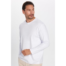 Tudors Unisex Relax Fit Rahat Kesim %100 Pamuk Uzun Kollu Bisiklet Yaka Beyaz Basic Tişört-32653 Beyaz