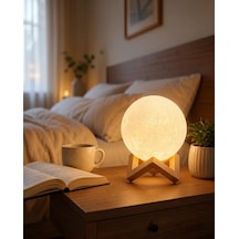 Astraltech 3d Ay Işığı Led Masa Lambası Ahşap Standlı Çok Renkli