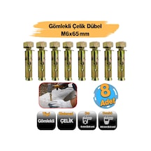 8 Adet Saplamalı Gömlek Çelik Dübel M6x65 Mm Raf Montaj Bağlantı Zemin Monte Betona Asma Aparat