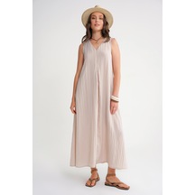 4700 Kadın V Yaka Önü Pileli Elbise Taş Taş