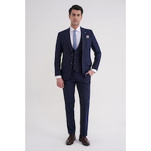 Efor Slim Fit Çift Yırtmaç Ekoseli Esnek Yünlü Yelekli Klasik Lacivert Takım Elbise Tk 934 Lacivert