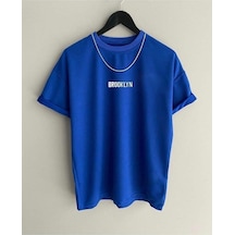 Brooklyn Minimal Yazı T-shirt - Saks Mavi Baskılı Oversize Bisiklet Yaka Kısa Kol Sax Mavi