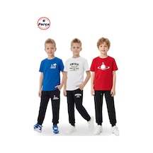 Panios Kids 3'lü Yuvarlak Yaka Baskı Detaylı Erkek Detaylı 6 Parça Erkek Çocuk Alt Üst Takım Saks Mavi