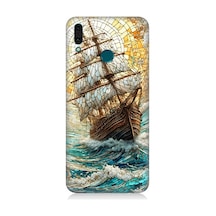 Huawei Y9 2019 Uyumlu Fırtınada Yelkenli Mücadele Vitray Desenli Silikon Kılıf Çok Renkli