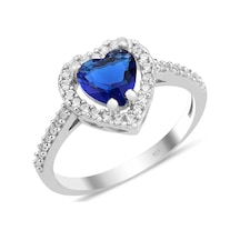Gümüş Rodyumlu Safir Taşlı Pırlanta Montürlü Kalp Modeli Yüzük