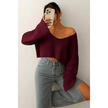 Samin Kadın Oversize V Yaka Triko Crop Kazak Bordo - 660238741 Bordo