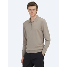 Açık Vizon Polo Yaka Düz Örgü Triko Kazak Vizon