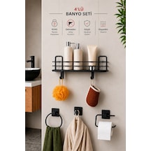 Banyo Düzenleyici Set 4 Parça Yapışkanlı Şampuanlık Tuvalet Kağıtlığı Havluluk Askı Tss-01 Siyah