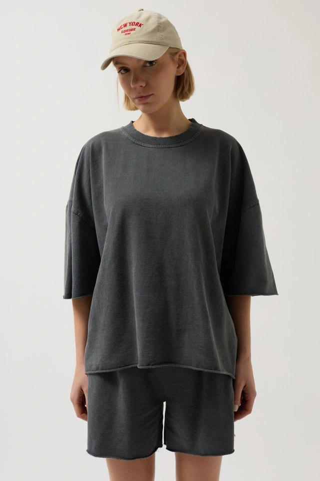 De'charme Oversize Lazer Kesim Bisiklet Yaka T-shirt Antrasit