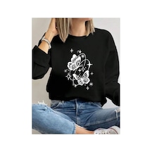 Herkesemoda Kelebek Desen Detaylı Bisiklet Yaka İçi Polarlı Sweatshirt Siyah