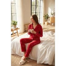 Lela Standart Fit Düğmeli Polarlı Bayan Pijama Takımı 6095616 Kırmızı
