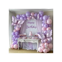 Makaron Lila Pembe Kelebek Folyo Balonlu Balon Zincir Set 2 Yaş Mavi