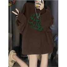 Harfli Grafik Düşük Omuz Oversize Sweat-trzksw3307 Kahverengi
