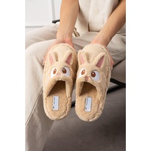 My Tavşan Nakışlı Kadın Ev Terliği Peluş Terlik Çeyiz Ve Bohça Terliği Ses Yapmaz Kalın Taban Camel