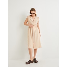 Koton Midi Gömlek Elbise Beli Kuşaklı Düğmeli Cepli Apoletli Bej 4sak80001pw Ekru