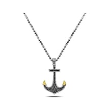 Brezza Lusso Jewelry Siyah Taşlı Çapa Model Erkek Gümüş Kolye Altın