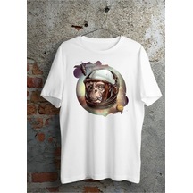 Startmore Unisex Beyaz Astronot Maymun Baskılı Oversize Bisiklet Yaka Tişört Beyaz