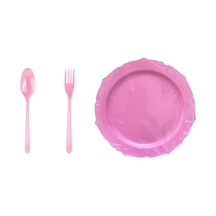 Omeyva 26 Cm. Plastik Mika Pembe Sorfa Piknik Seti - 72 Kişilik Tabak Çatal Kaşık Takımı