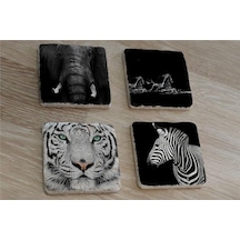 Siyah Beyaz Fil At Kaplan Zebra Doğal Taş Bardak Altlığı 4'lü Set - Natural Stone Coasters - Taş Beyaz - Siyah