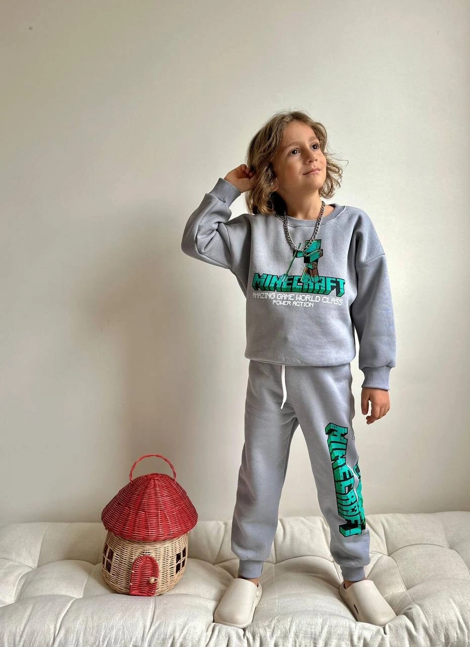 Miniko Kids Erkek Çocuk Minecraft Modelli 3 İplik Şardonlu Eşofman Takımı Gri