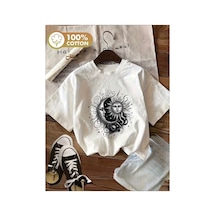 Herkesemoda Ay Güneş Baskı Detaylı Basic T-shirt Beyaz