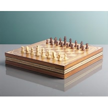 El Yapımı Lüks Nakış İşlemeli Doğal Ahşap Sandıklı Premium Satranç Takımı 45x45 Cm. Hediyelik Set 1