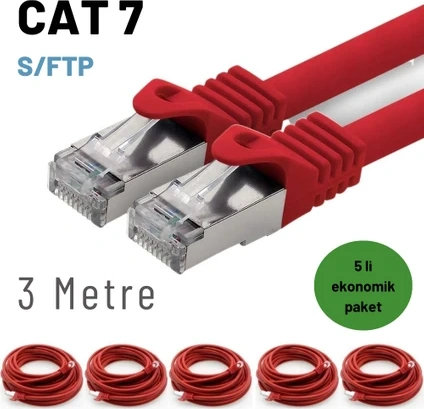 5 Adet 3 Metre Kırmızı Cat7 Kablo S/ftp Ethernet Network Lan Ağ Kablosu
