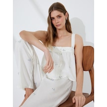 Koton Pamuklu-keten Karışımlı Askılı Çiçek İşlemeli Crop Pijama Üstü Pembe Desenli 5slk90011mw Pembe Desenli