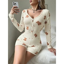 Ang Butik Kadın Pamuklu Ekru Ayıcık Desenli Düğmeli Tulum Pijama