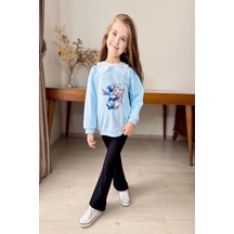 Yaka Detaylı Stitch Desenli Mavi Renk Kız Çocuk Takım Mavi