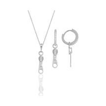 Gümüş Rodyumlu Zirkon Taşlı Fermuar Kolye Ve Küpe İkili Set