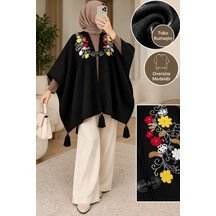 Genel Markalar Novea Scarf Siyah Renkli İşlemeli Triko Şık Panço Siyah - 939189859 Siyah