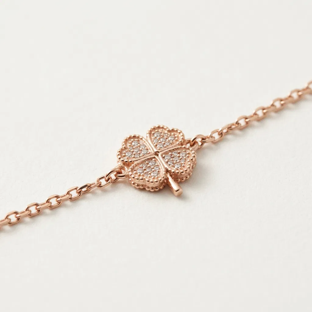 925 Ayar Yonca Figürlü Taş Detaylı Rose Gold Zincir Bileklik Gümüş - Pembe Altın - Altın