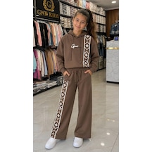 Mila Mood Kız Çocuk Kahverengi Kapüşonlu Desenli Sweatshirt Bol Paça Eşofman 2 Li Takım